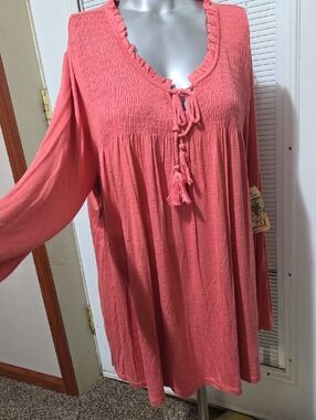 ONE WORLD Coral Tassel Tie Smocked Yoke Tunic